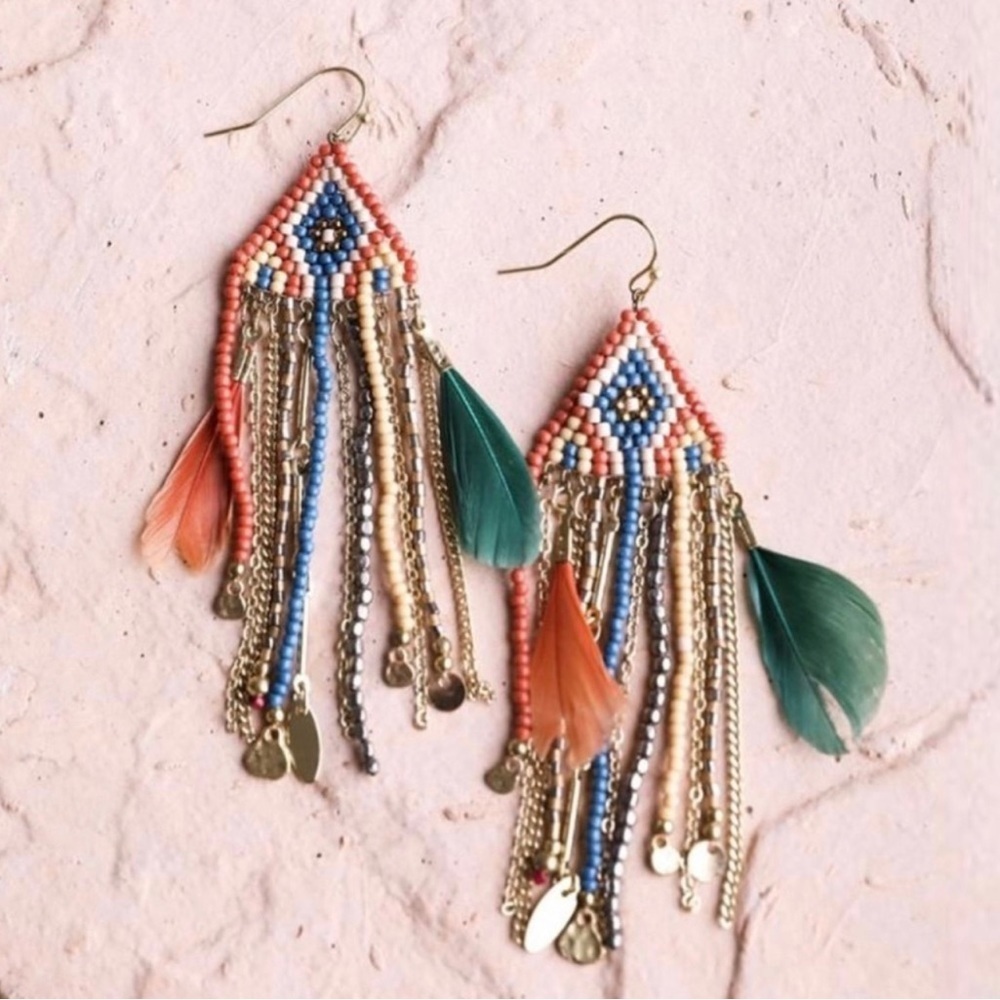 LAST PAIR—Boho Feather Bead & Chain Dangle Earrings